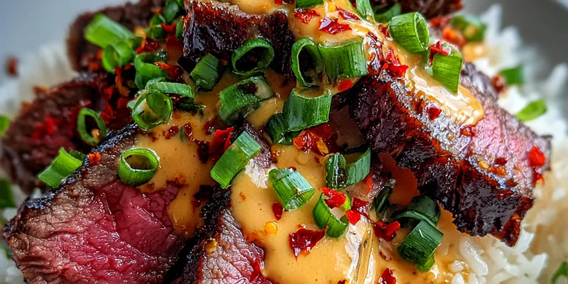 Delicious Grilled Steak with Spicy Sauce served on a plate