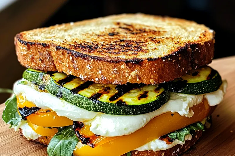 The cooking process of grilling the sandwich, showcasing the melted mozzarella and charred vegetables.