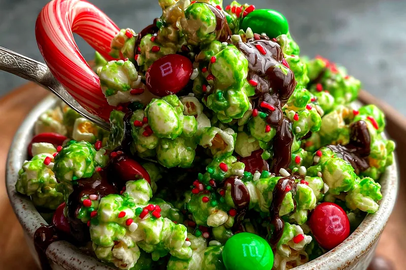 Step-by-step process of making Grinch Popcorn Mix