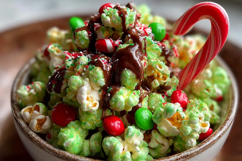 Colorful ingredients for Grinch Popcorn Mix on a wooden table