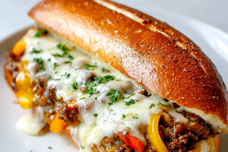 Ground Beef Philly Cheesesteaks being prepared in a skillet.