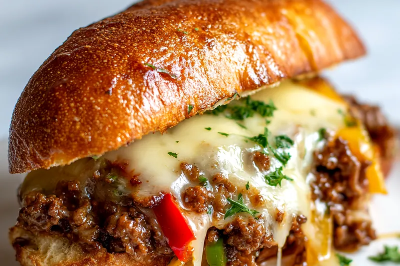 Fresh ingredients for Ground Beef Philly Cheesesteaks including vegetables and cheese.