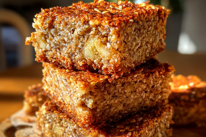 A pan of freshly baked Easy Banana Oat Bars cooling on a wire rack, ready to be cut.