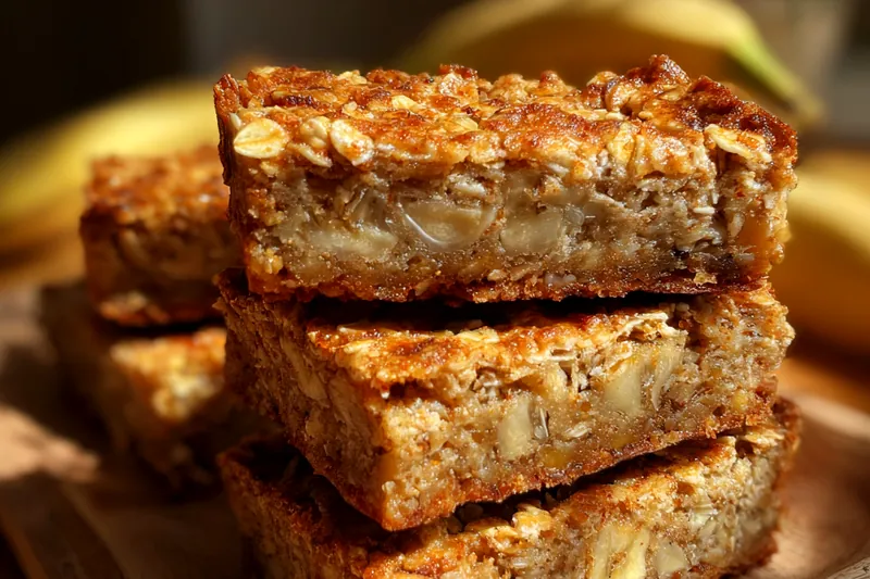 Ingredients for Easy Banana Oat Bars laid out including bananas, oats, nuts, and chocolate chips.