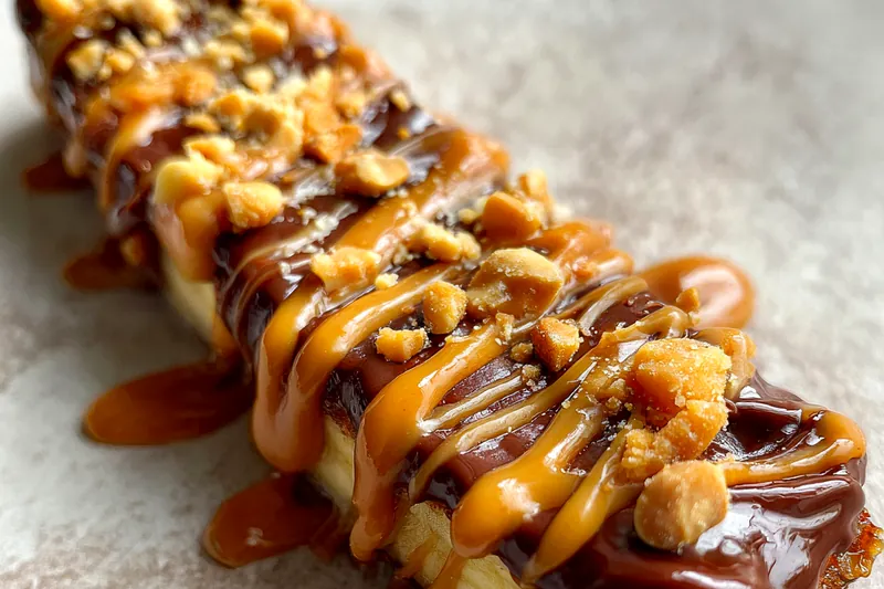 The cooking process of dipping banana sandwiches into melted dark chocolate for Healthy Banana Snickers Treat.