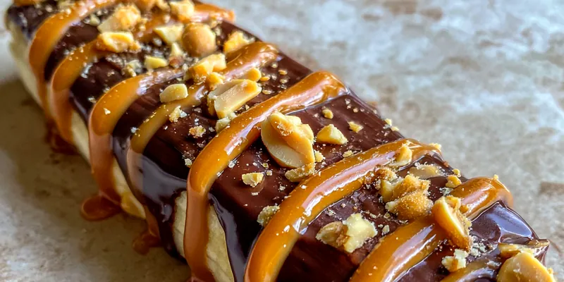 A plate of Healthy Banana Snickers Treats, beautifully arranged with chocolate drizzle and chopped nuts
