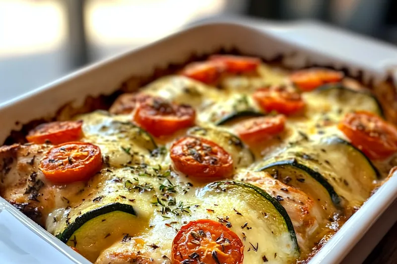 A vibrant array of fresh ingredients for Delicious Chicken Zucchini Bake, including chicken, zucchini, and cheese.