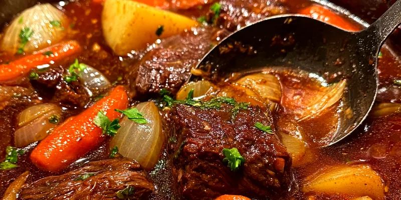 Delicious Hearty Beef and Vegetable Stew served on a plate