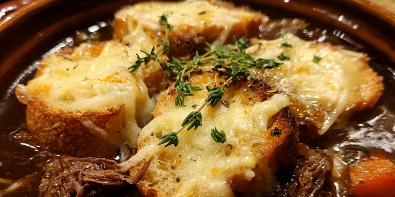 Delicious Hearty Beef Onion Soup served on a plate