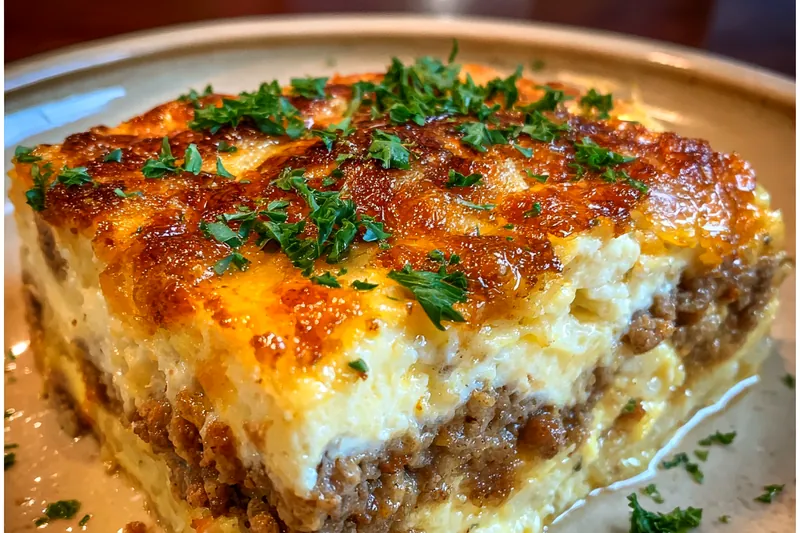 The process of baking Hearty Sausage Egg Bake in the oven, showing golden top and bubbling cheese.