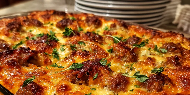 Delicious Hearty Sausage Egg Casserole served on a plate