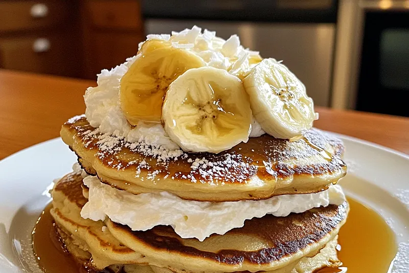 A beautiful arrangement of the key ingredients for Heavenly Coconut Pancakes including flour, coconut, and fresh fruit.