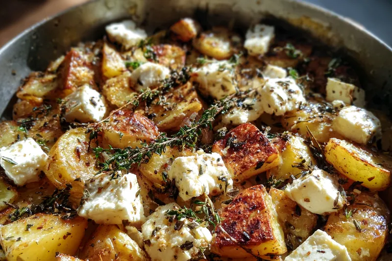 Fresh potatoes, herbs, and spices arranged on a wooden cutting board.