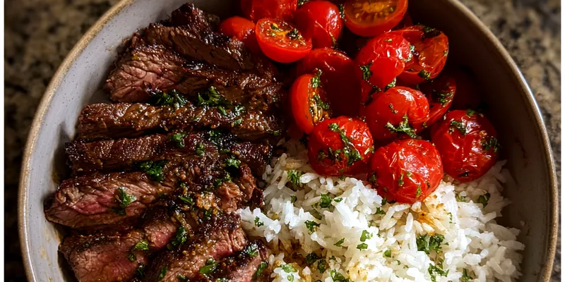 A beautifully grilled herb-infused steak served with fresh herbs