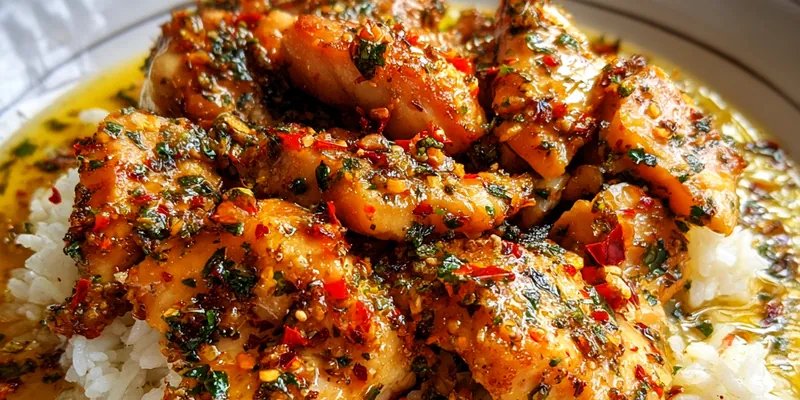 Delicious Herbed Chicken with Garlic Rice served on a plate