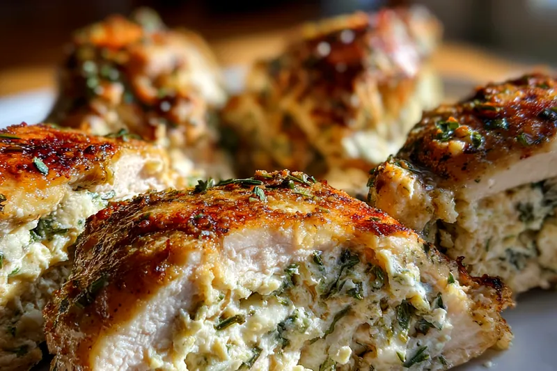 Cooking Herbed Ricotta Stuffed Chicken in a skillet.