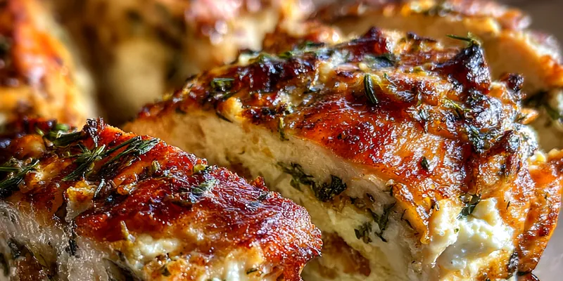 Delicious Herbed Ricotta Stuffed Chicken served with herbs.