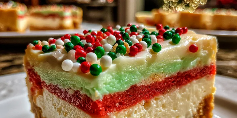 A beautifully decorated Holiday Cheesecake Extravaganza topped with cranberry sauce and chocolate shavings.