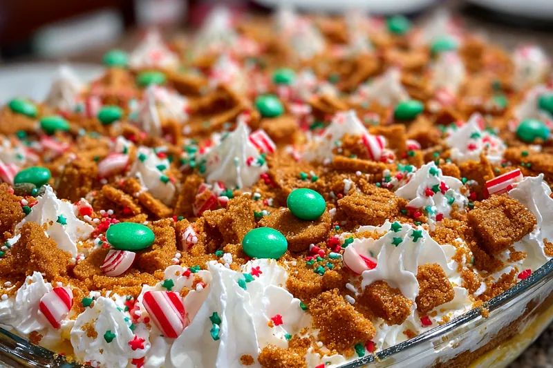 A step-by-step process of layering the ingredients for the Festive No-Bake Cookie Lasagna, showcasing the creamy filling and cookie layers.