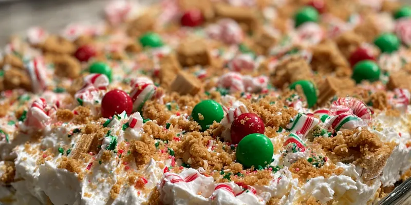 A beautifully layered Festive No-Bake Cookie Lasagna topped with chocolate chips and crushed peppermint, ready to be served.