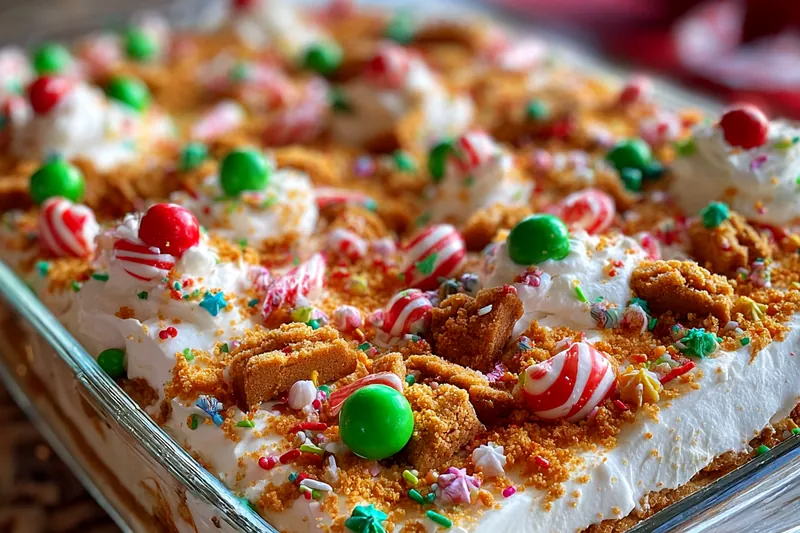 An array of ingredients displayed for Festive No-Bake Cookie Lasagna, including chocolate cookies, cream cheese, and toppings.
