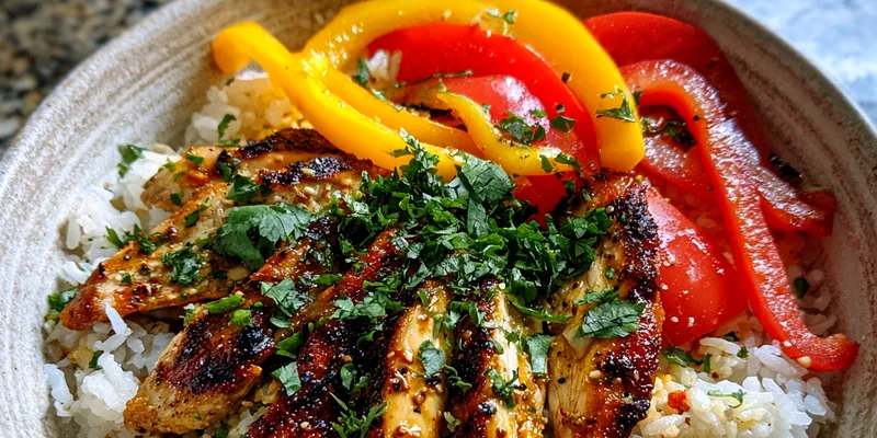 A beautifully plated Honey Lime Chicken Rice Bowl featuring vibrant chicken, rice, and vegetables.