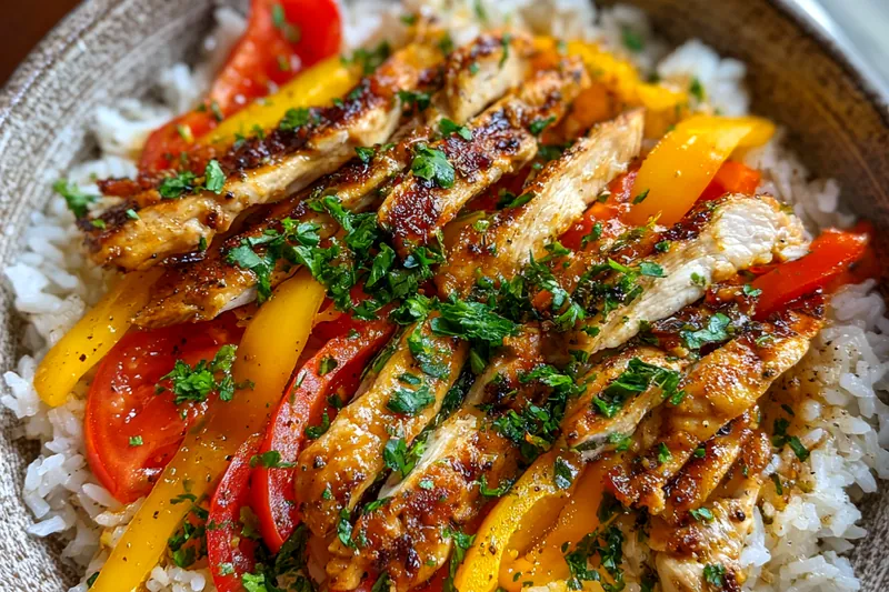 Ingredients for Honey Lime Chicken Rice Bowl, including chicken, rice, lime, and colorful vegetables arranged on a countertop.