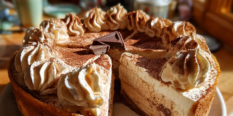 A beautifully plated slice of Hot Chocolate Cheesecake with whipped cream and chocolate shavings.