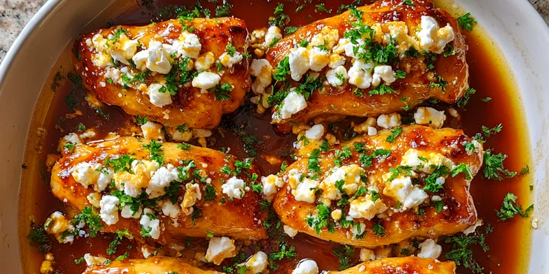 A beautifully plated Spicy Honey Feta Chicken Delight with vibrant colors and garnished with herbs.