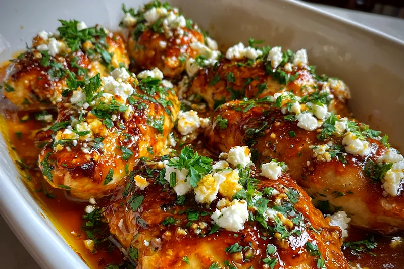 An assortment of fresh ingredients for Spicy Honey Feta Chicken Delight, including chicken, honey, and spices.