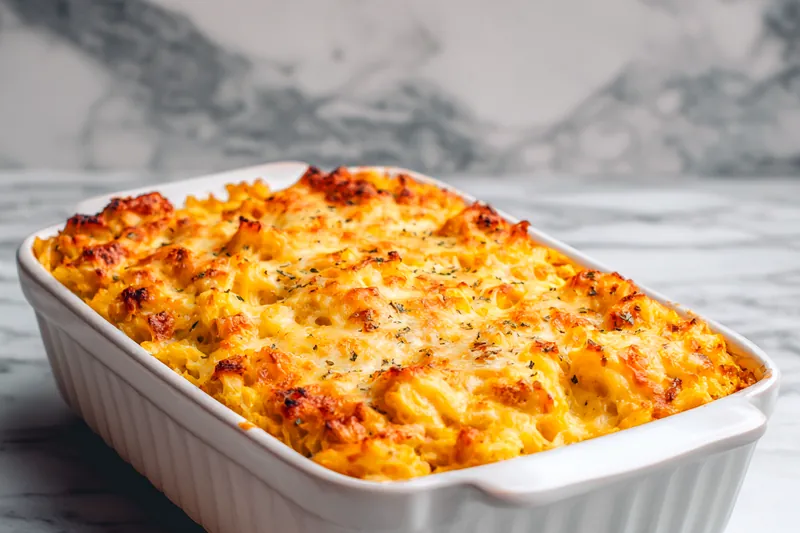 Baking Mac and Cheese Meatloaf Casserole in the oven