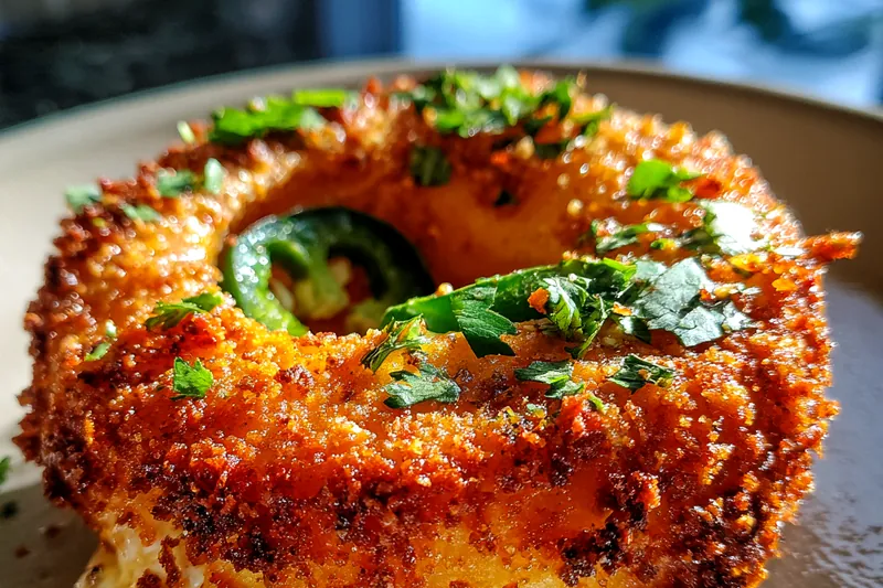 Chef Mitchell frying Stuffed Jalapeño Onion Rings in a large skillet, with golden-brown rings emerging from the hot oil.