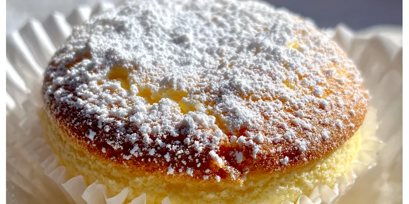 A close-up of fluffy Japanese Cotton Cupcakes dusted with powdered sugar, showcasing their delicate texture.
