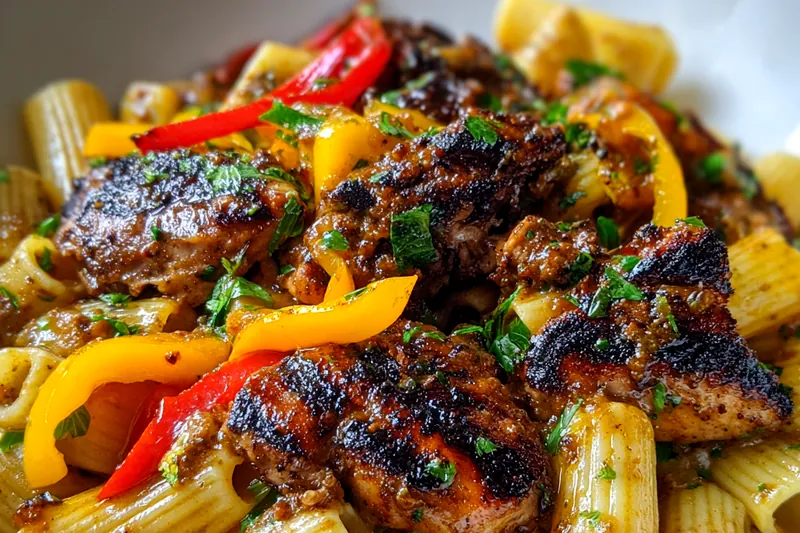 Chef Mitchell cooking jerk chicken in a skillet, surrounded by fresh vegetables and spices for Flavorful Jerk Chicken Pasta.