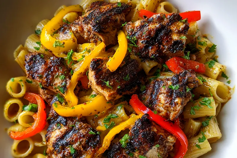 A collection of fresh ingredients for Flavorful Jerk Chicken Pasta, including chicken, spices, peppers, and pasta.