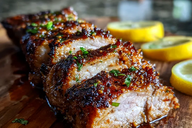 Ingredients for Mojo Pork Roast arranged neatly on a wooden table.