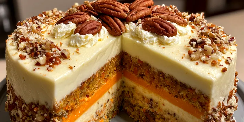 A beautifully layered carrot cake cheesecake topped with chopped walnuts and cream cheese frosting.