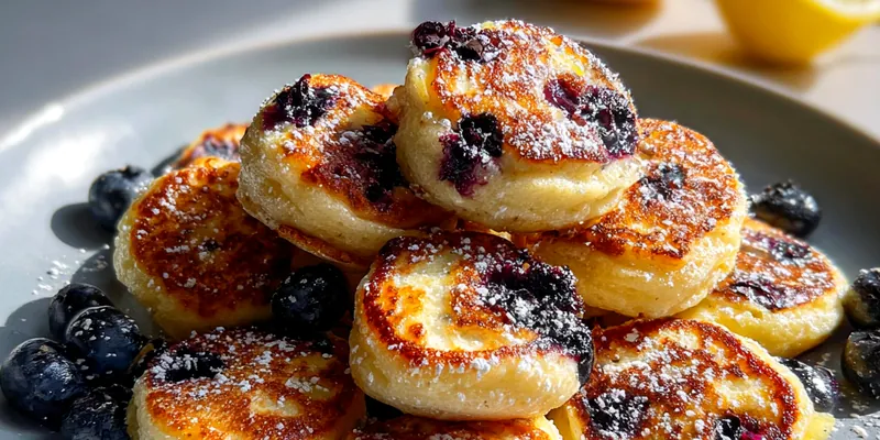 Plate of Lemon Blueberry Mini Pancakes stacked high, topped with fresh blueberries and lemon zest.