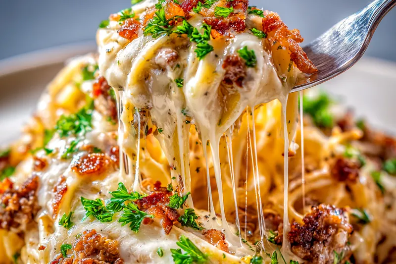 A skillet with Loaded Bacon Cheeseburger Alfredo Pasta being stirred.