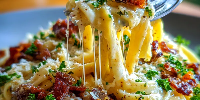 A bowl of Loaded Bacon Cheeseburger Alfredo Pasta topped with crispy bacon.