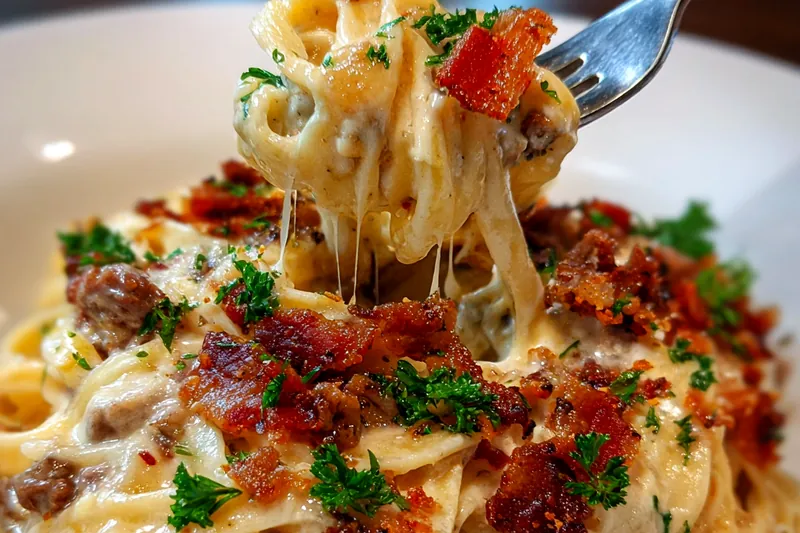 A layout of fresh ingredients for Loaded Bacon Cheeseburger Alfredo Pasta.