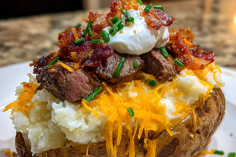 A close-up shot of Loaded Baked Potatoes with Steak being plated, showcasing the melted cheese and toppings.