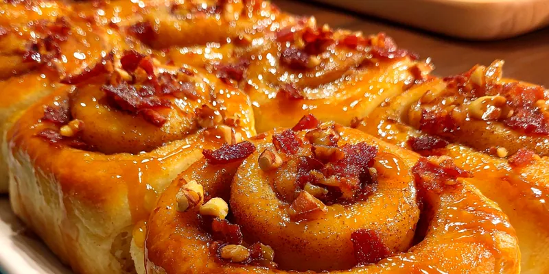 Delicious Maple Bacon Cinnamon Rolls served on a plate