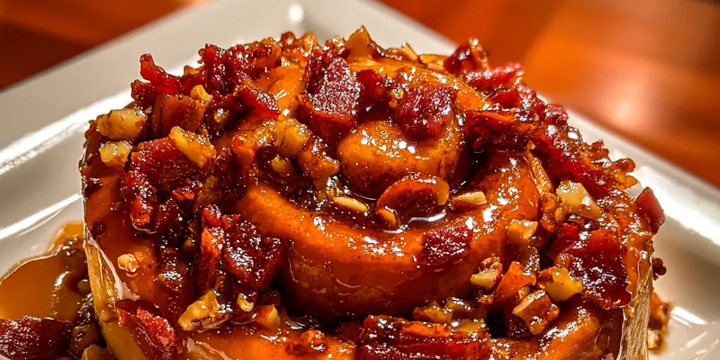 A beautifully plated Maple Bacon Delight, showcasing the crispy bacon and maple syrup glaze on top of fluffy cake.