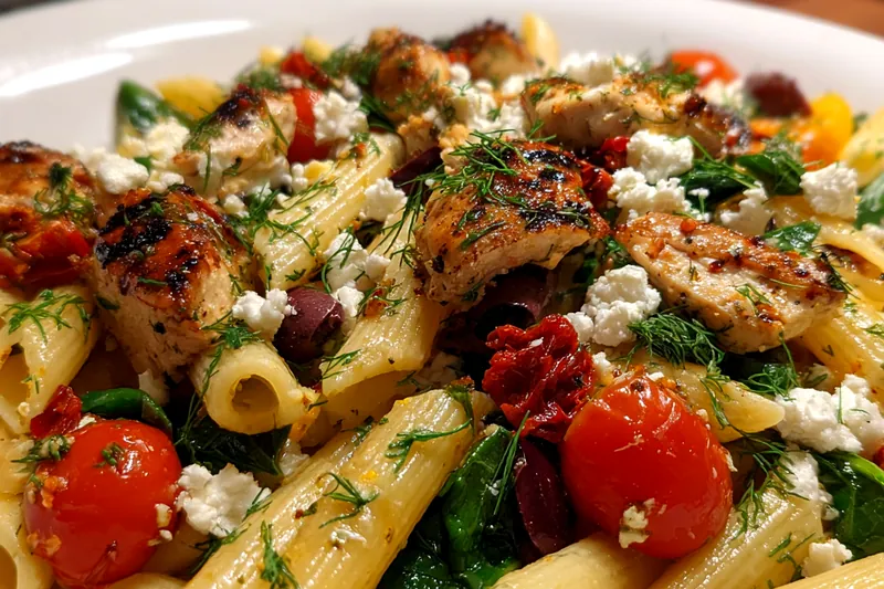 Fresh ingredients for Mediterranean Grilled Chicken Pasta