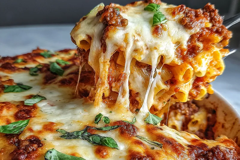 Baked ziti in the oven, bubbling and golden