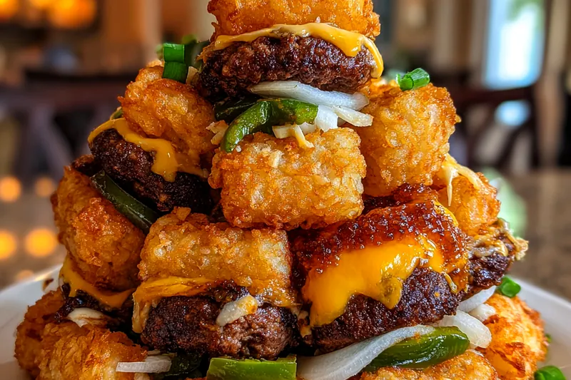A sizzling skillet with mini burger patties cooking next to golden brown crispy tater tots.