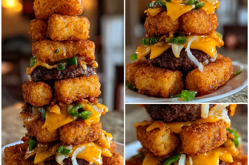 A beautifully arranged display of ingredients for Crispy Mini Tater Tot Burgers, including tater tots, ground beef, and seasonings.