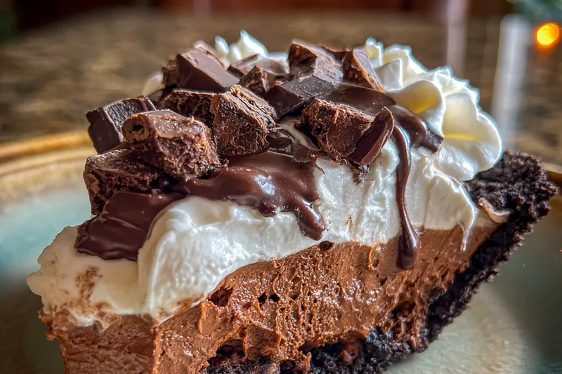 The cooking process of Classic Mud Pie, showcasing the melted chocolate and whipped cream preparation.