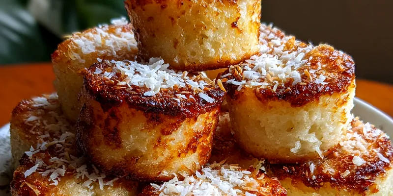 A plate of Delicious Coconut Cake Bites garnished with shredded coconut and fresh mint leaves.